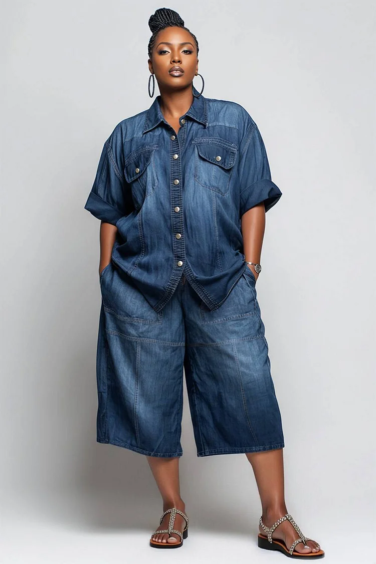 Xpluswear Design Plus Size Vacation Blue Shirt Collar Short Sleeve Wide Leg Pocket Denim Two Piece Short Sets [Pre-Order] 2024 - Xpluswear