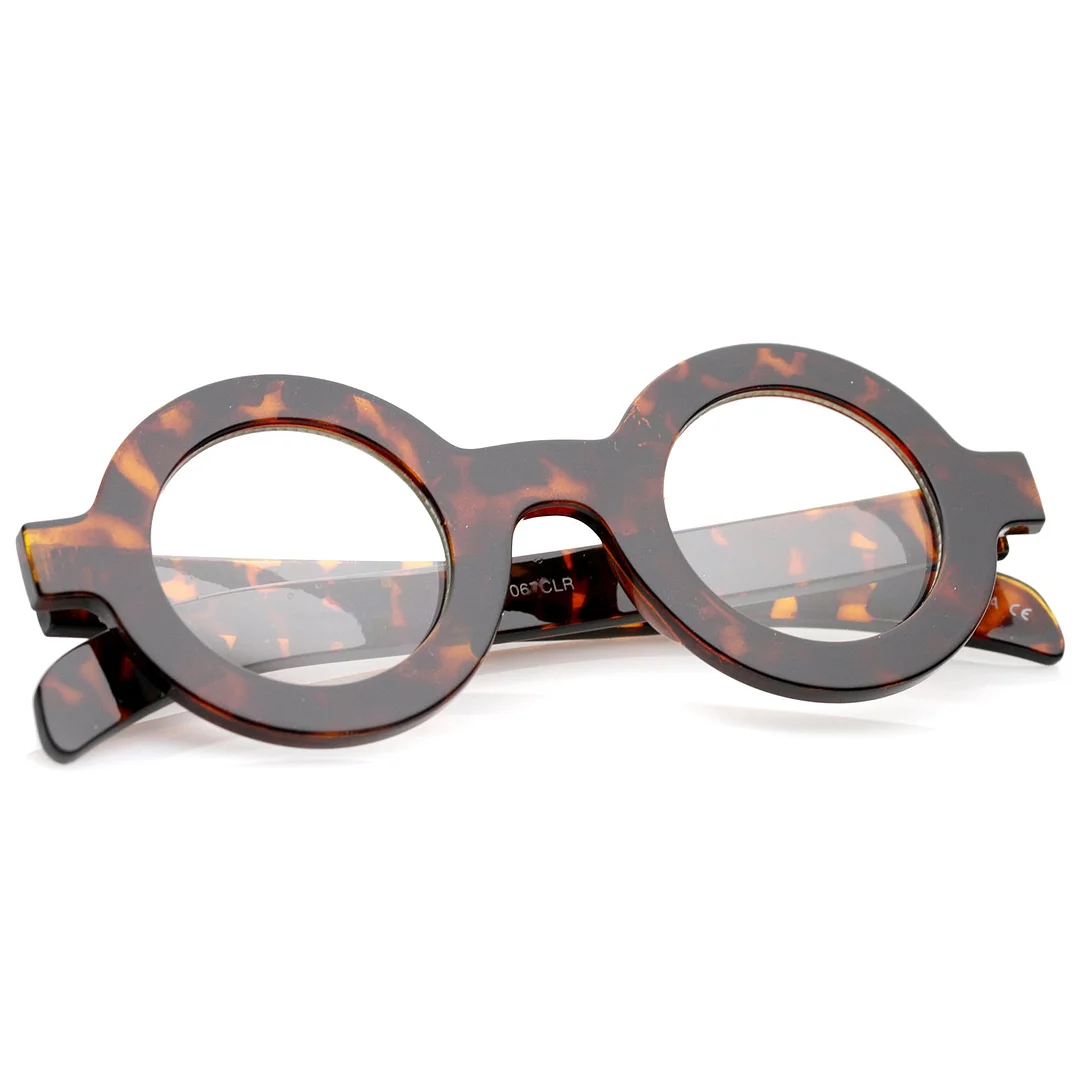 Bold Thick Frame Flat Clear Lens Round Eyeglasses 39mm