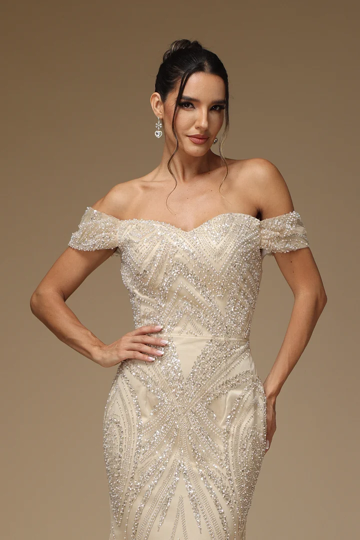 Okdais Prom Dress Off-the-shoulder Long Champagne Sequins Gown YX0006