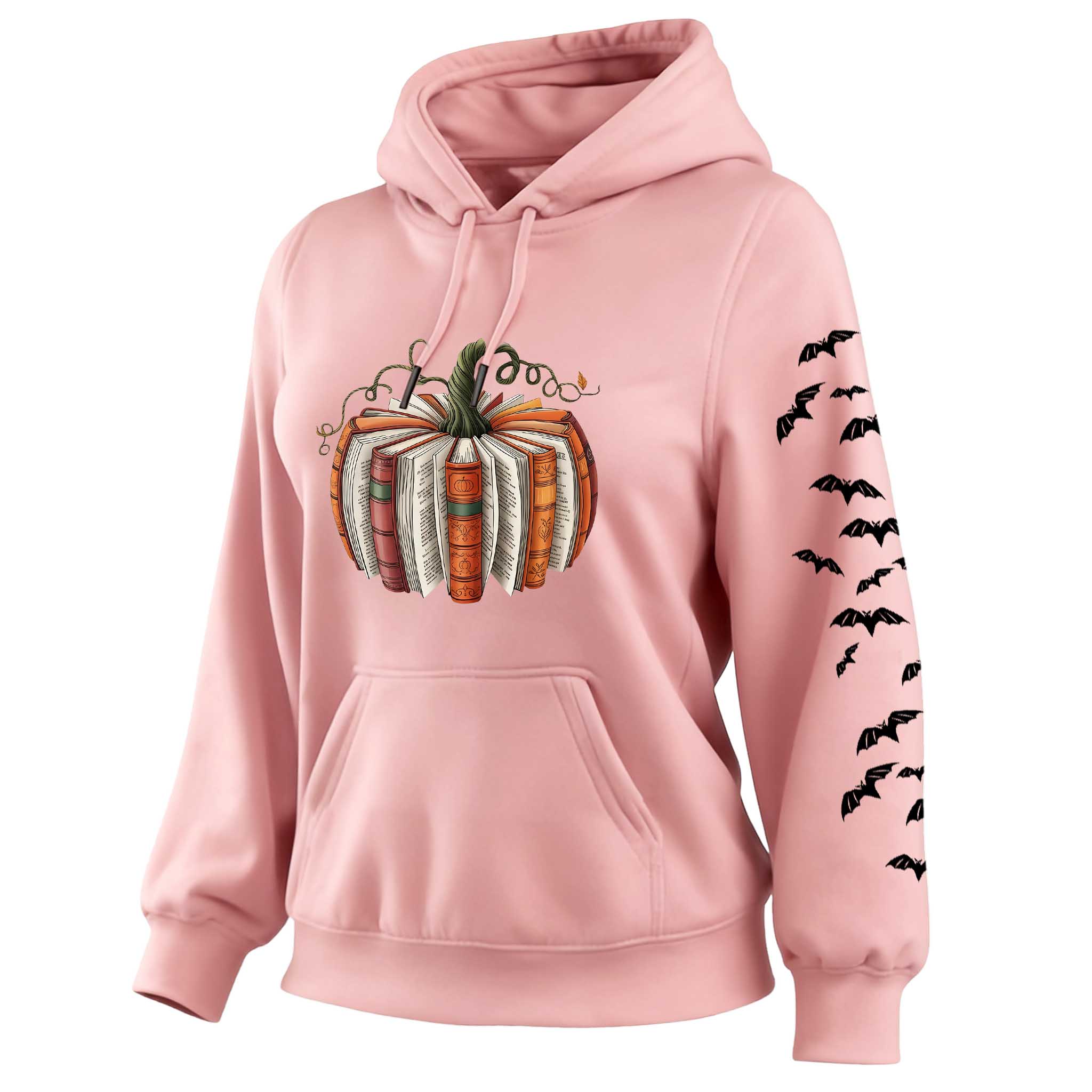 Women's Vintage Halloween Pumpkin And Bat Print Pocket Long-Sleeve Apricot Hoodie
