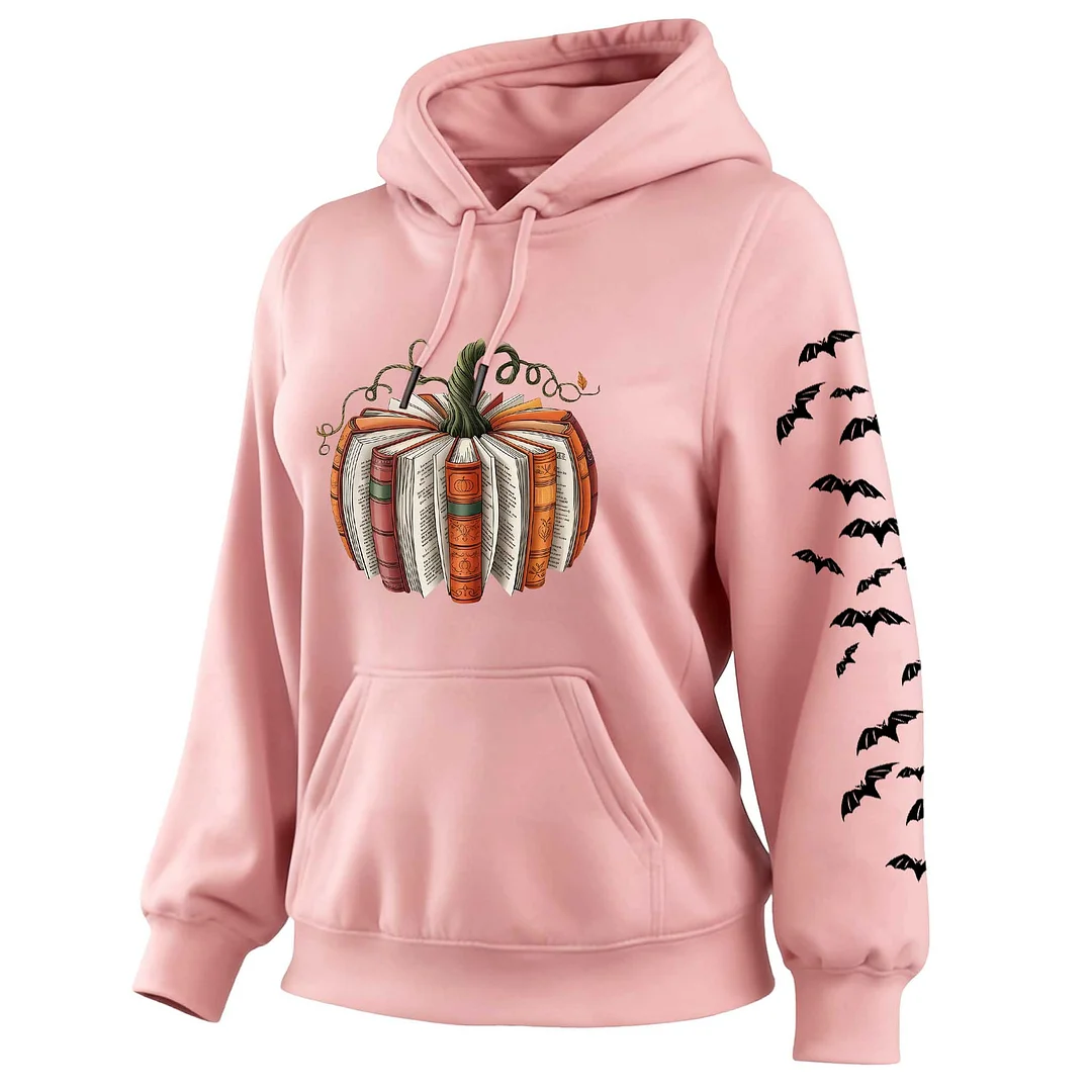 Women's Vintage Halloween Pumpkin And Bat Print Pocket Long-Sleeve Apricot Hoodie