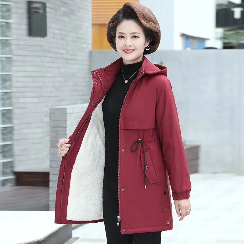 Autumn Winter Jacket Women Parka Plus Velvet Warm Hooded Overcoat Plus Size Middle-aged Female Cotton Padded Coat Windbreakers