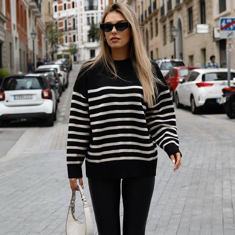 Languid Breeze Black and White Stripes Round Neck Long Sleeve Sweater