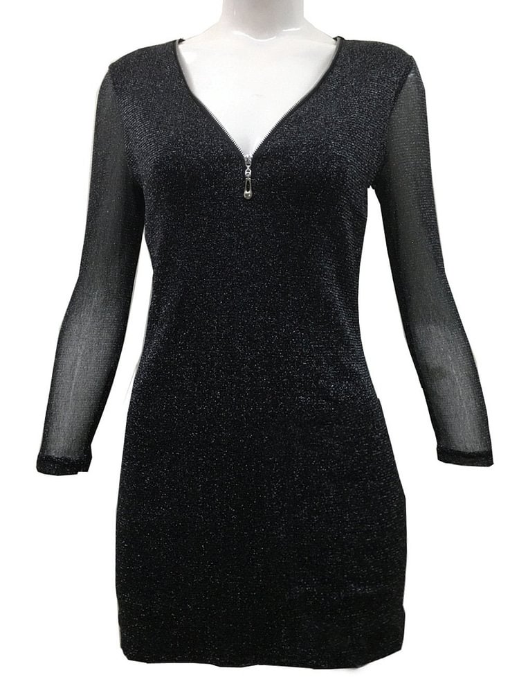 Long sleeve v neck sequin black mini evening dress