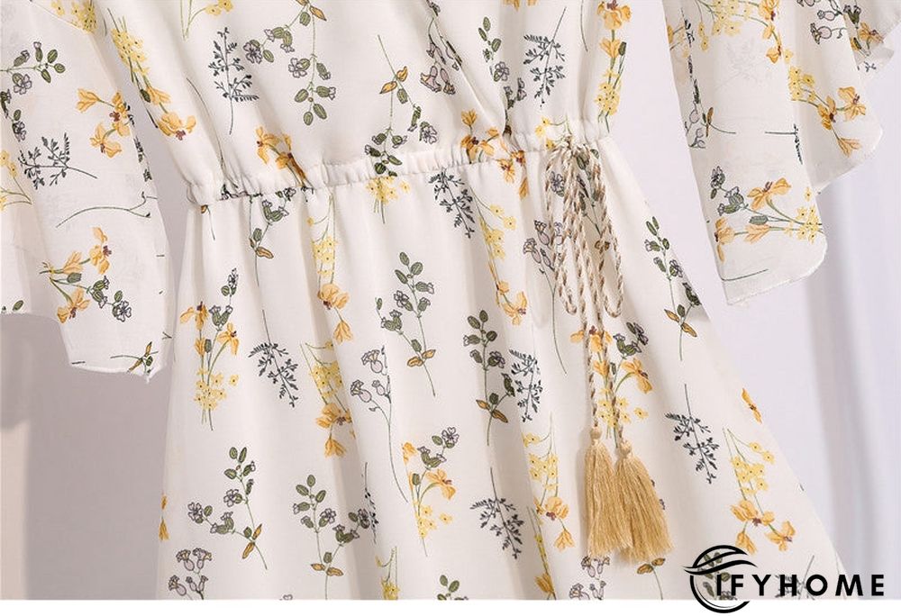 Spring Summer Chiffon Women V-Neck Floral Print Short Dresses Sweet Ruffle Sleeeve Slim Drawstring Ladies Dress | IFYHOME