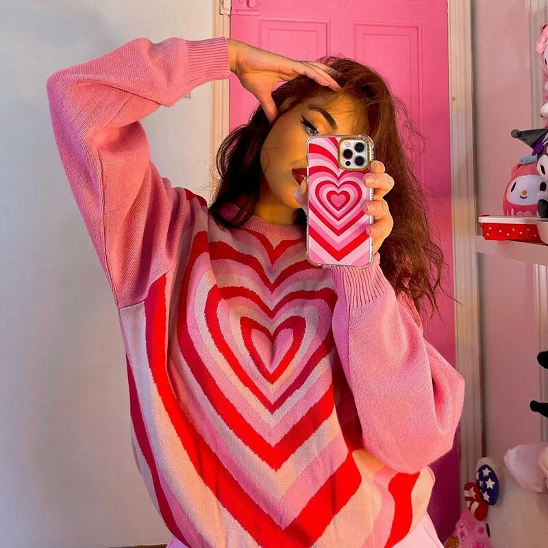 Retro Heart Print Y2K Sweaters Loose Harajuku Cute Grunge Pullovers Clothes Chic Sweet Autumn Streetwear Knitwear Cuteandpsycho