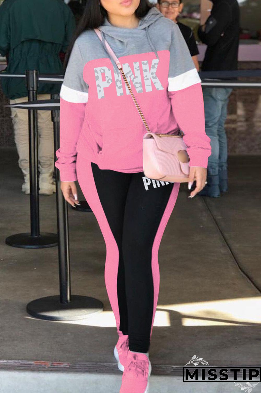 Blue Casual Letter Print Patchwork Hooded Collar Long Sleeve Two Pieces