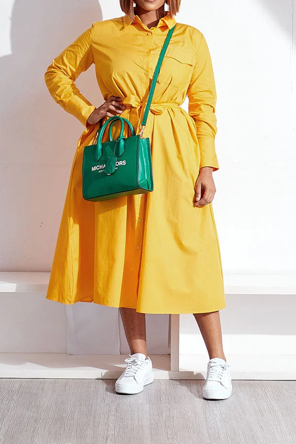 Solid Color Polo Neck Classic Belted Midi Dress