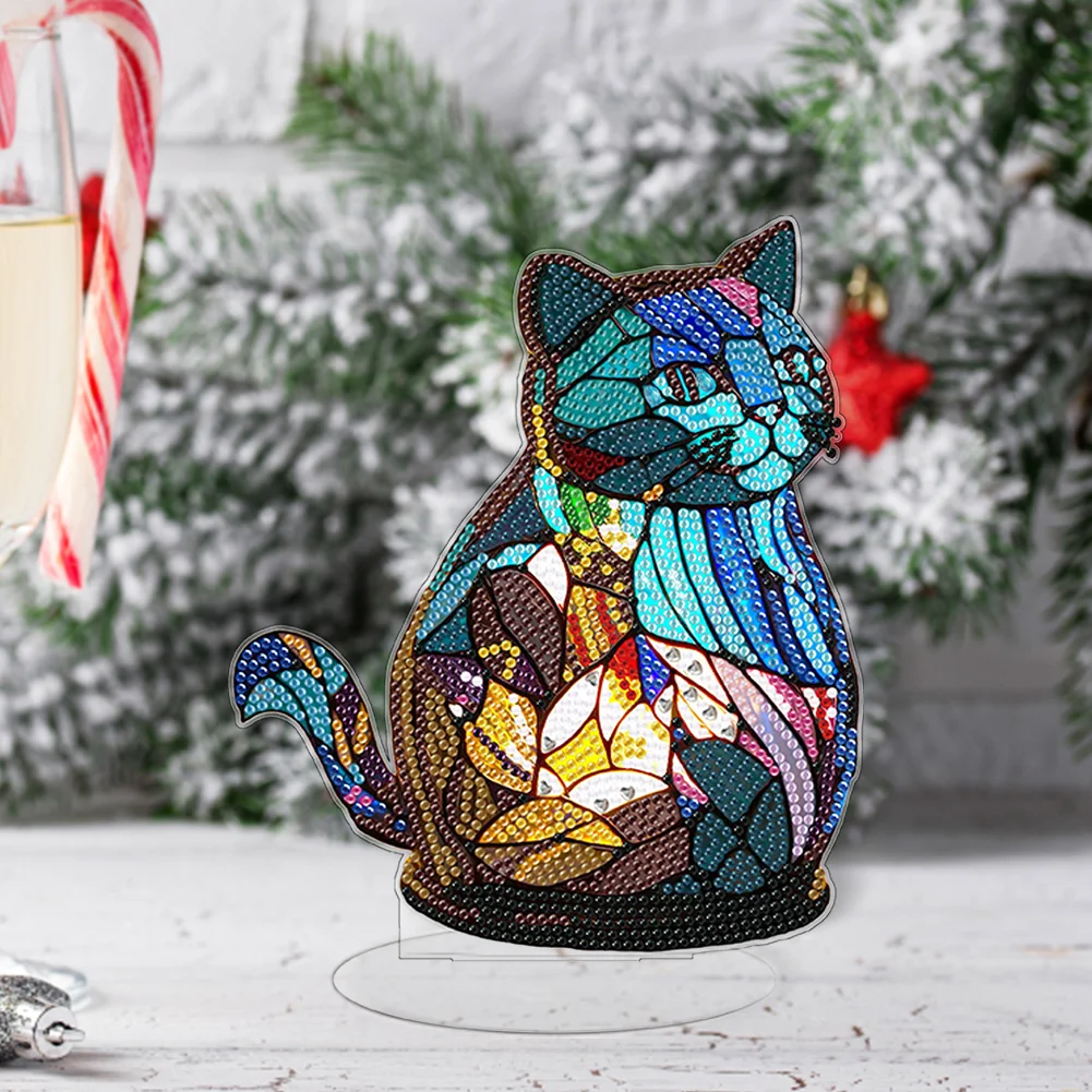 DIY Cat Acrylic Single-Sided Diamond Painting Desktop Decoration with Light for Office Desktop Decor