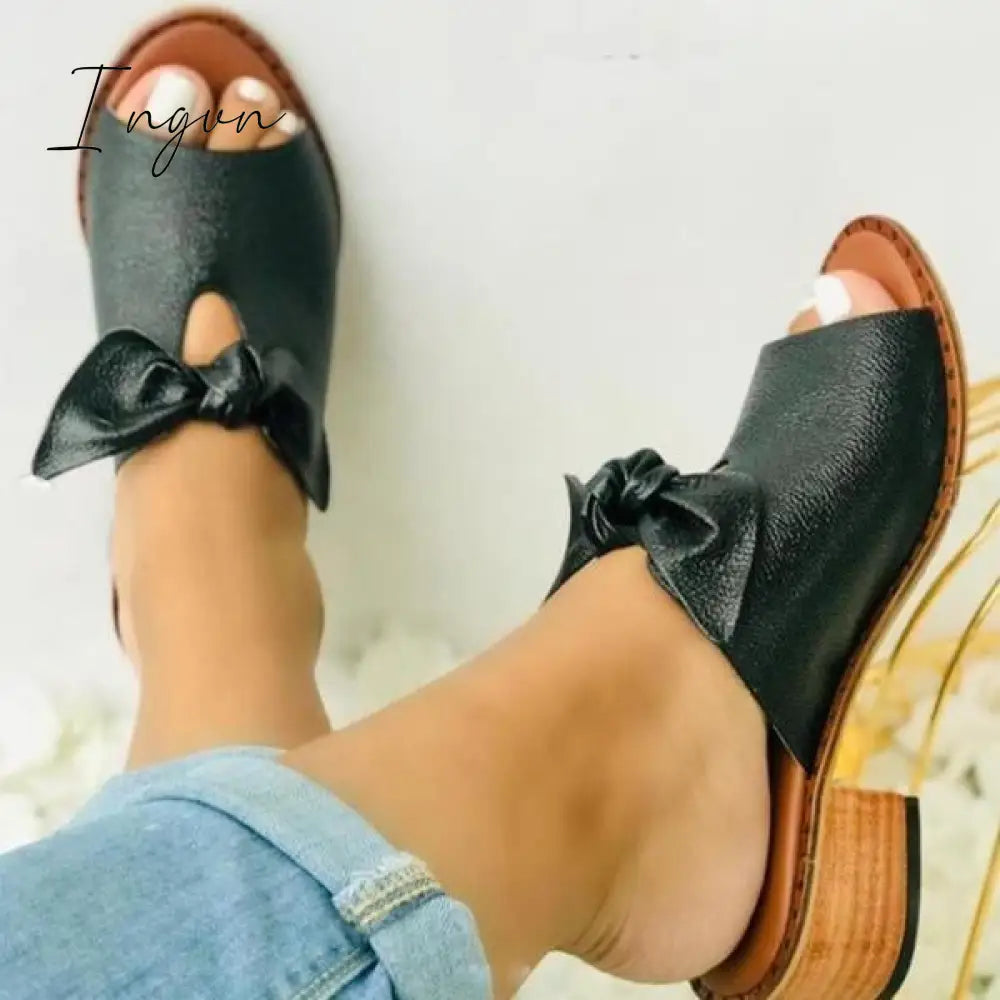 Ingvn - Women Fashion Low Heel Bow Slippers Black / 5