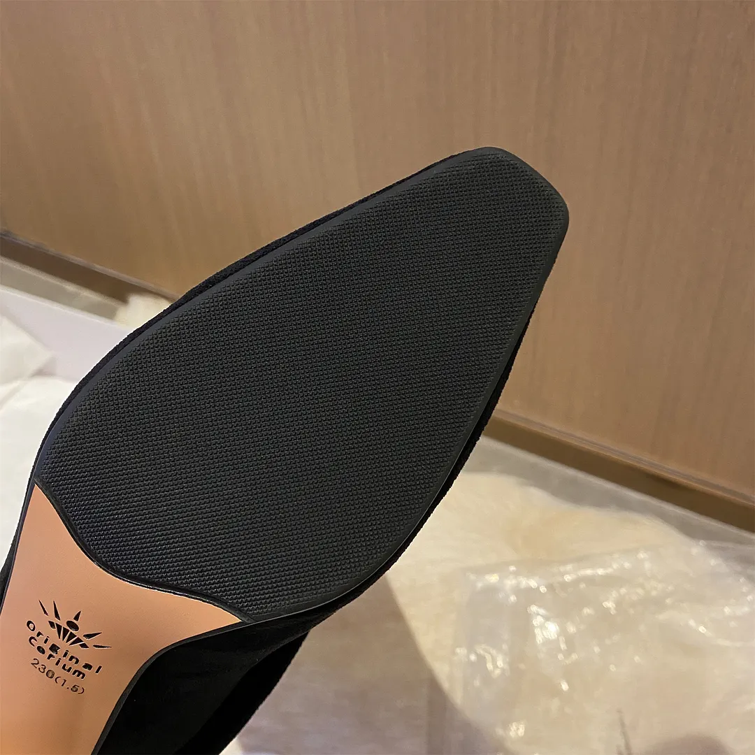 70mm Block Heel Mid-tube Fashion Boots Black Suede-vocosishoes