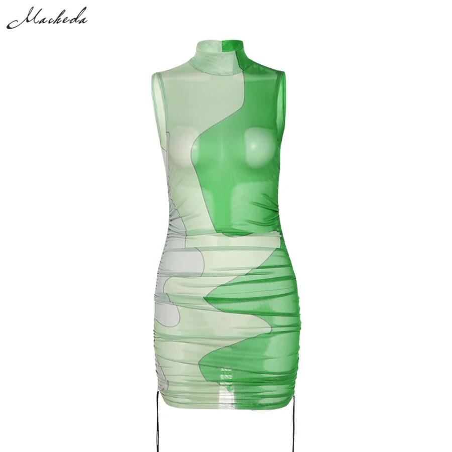Macheda Spring Sexy Mesh See Through Slim Dress Women Fashion Printing Turtleneck Sleeveless Clothing Lady Bodycon Mini Dresses