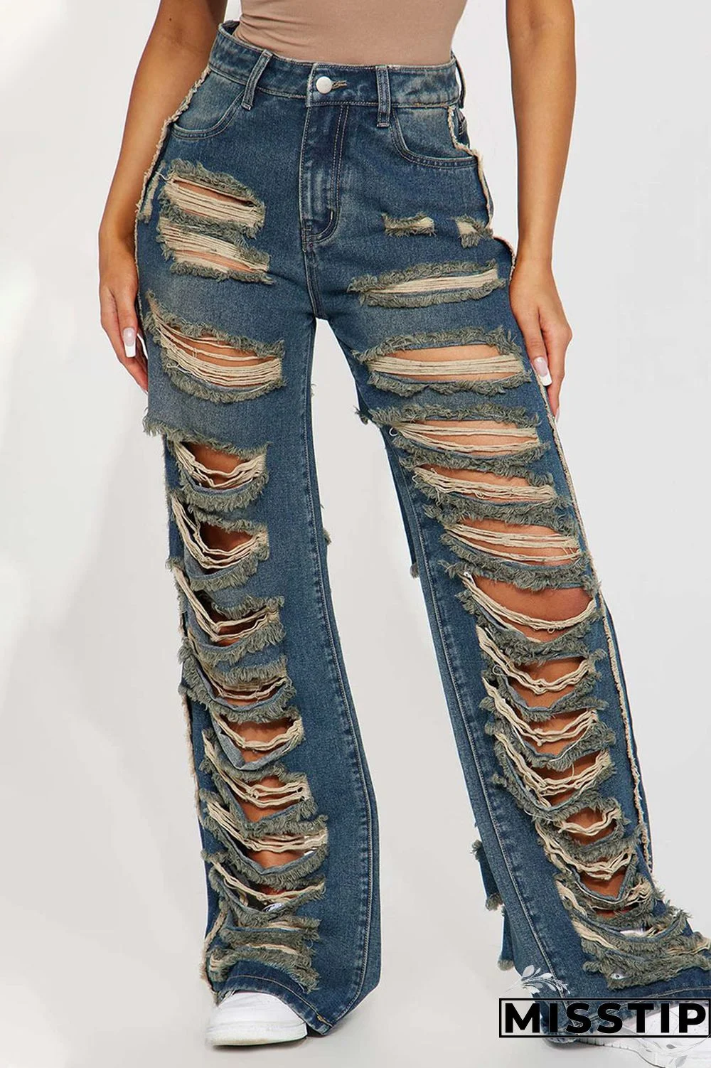 Navy Blue Street Solid Ripped Patchwork High Waist Denim Jeans