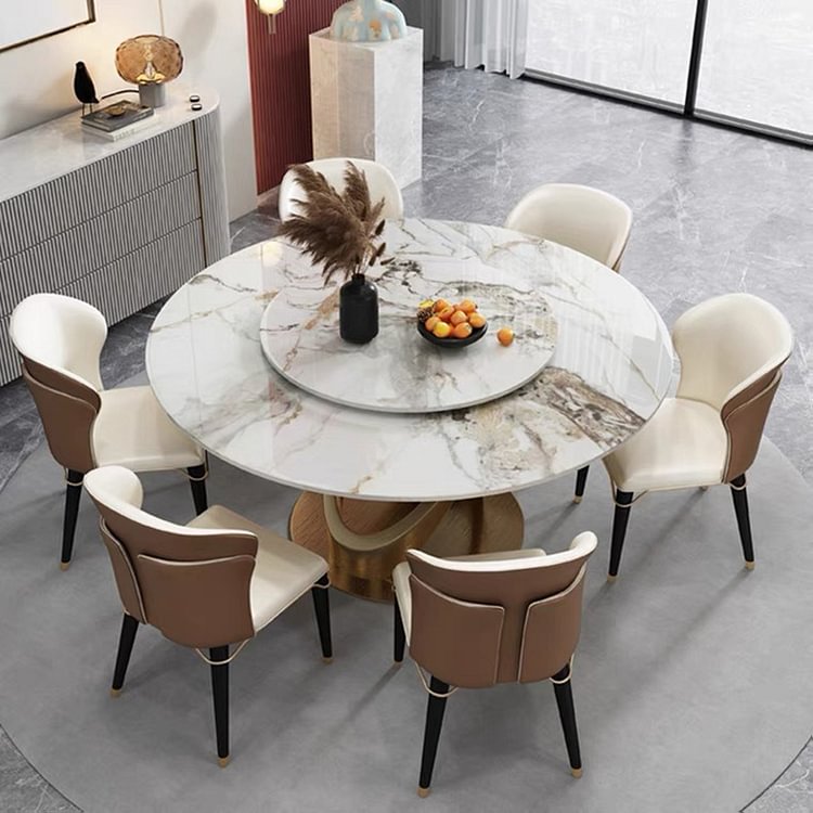 Homemys Modern Sintered Stone Dining Round Table with Stainless Steel Base