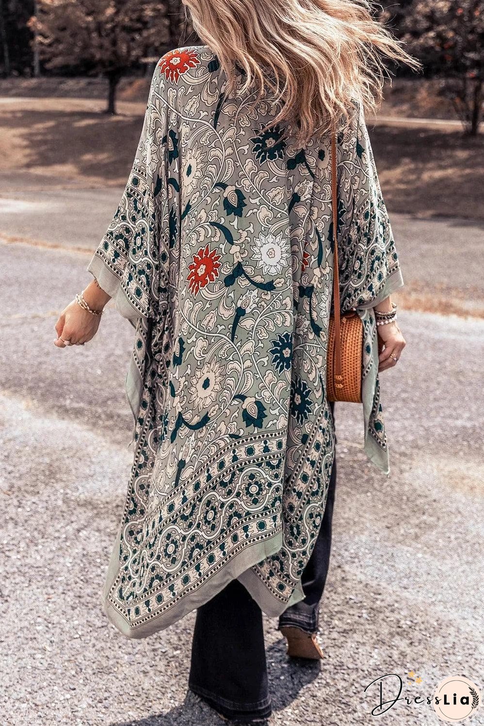 Green Vintage Floral Print Long Split Open Front Kimono