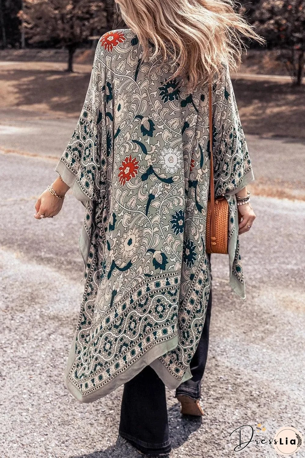 Green Vintage Floral Print Long Split Open Front Kimono