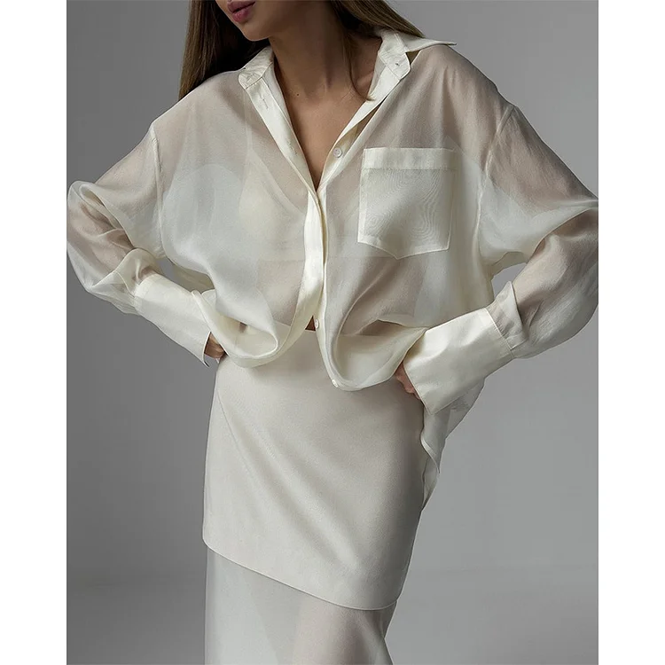 Mercerized Mesh Lapel Long Sleeve Two-piece Set