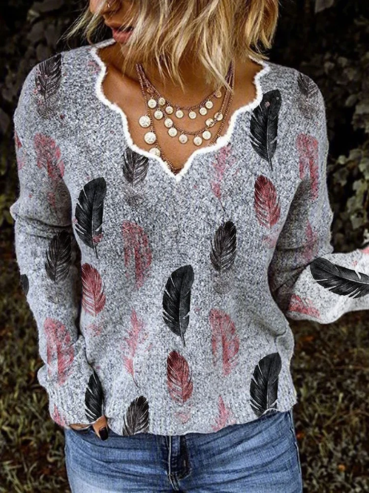V-neck Feather Print Long-sleeved Sweater Pullover