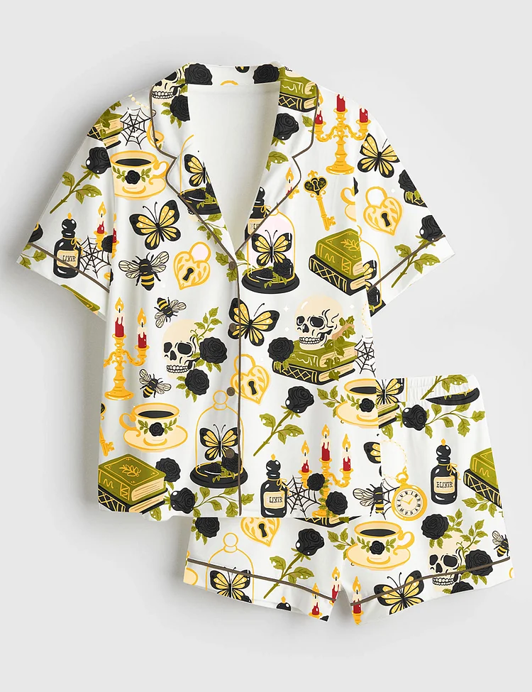 Women&rsquo;s Dark Academia Halloween Skull Red Rose Gothic Witchy Spooky Cozy Aesthetic Print Short Sleeve Satin Pajama Set