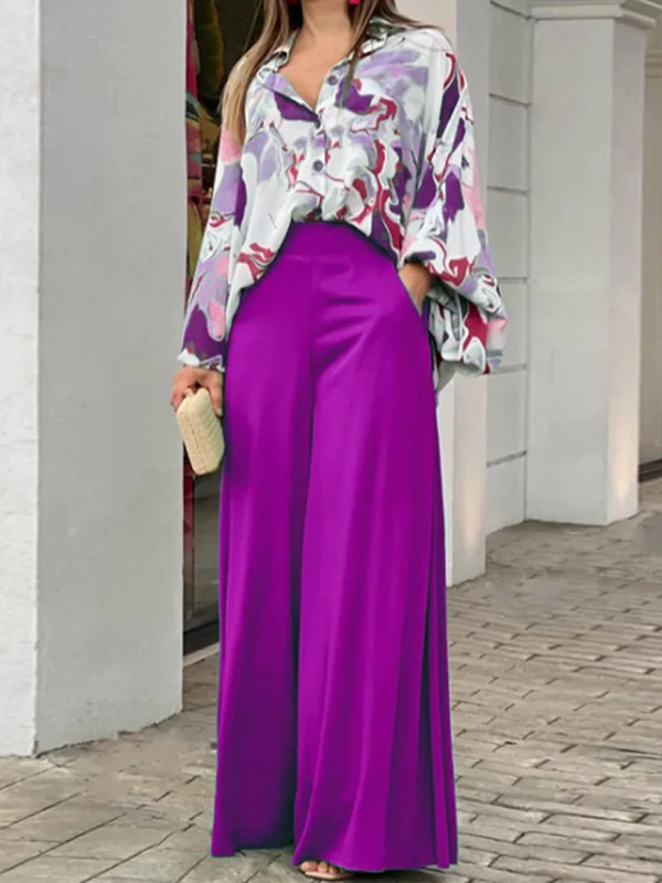  Loose Long Sleeves Floral Printed Blouses + High-Waisted Solid CoLor Wide Leg Pants Trousers Two Pieces Set