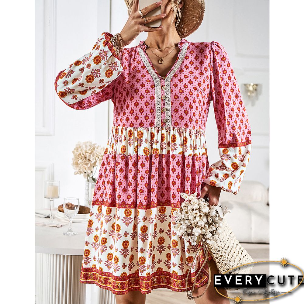 Pink Bohemia Print Button Detail V Neck Long Sleeve Dress