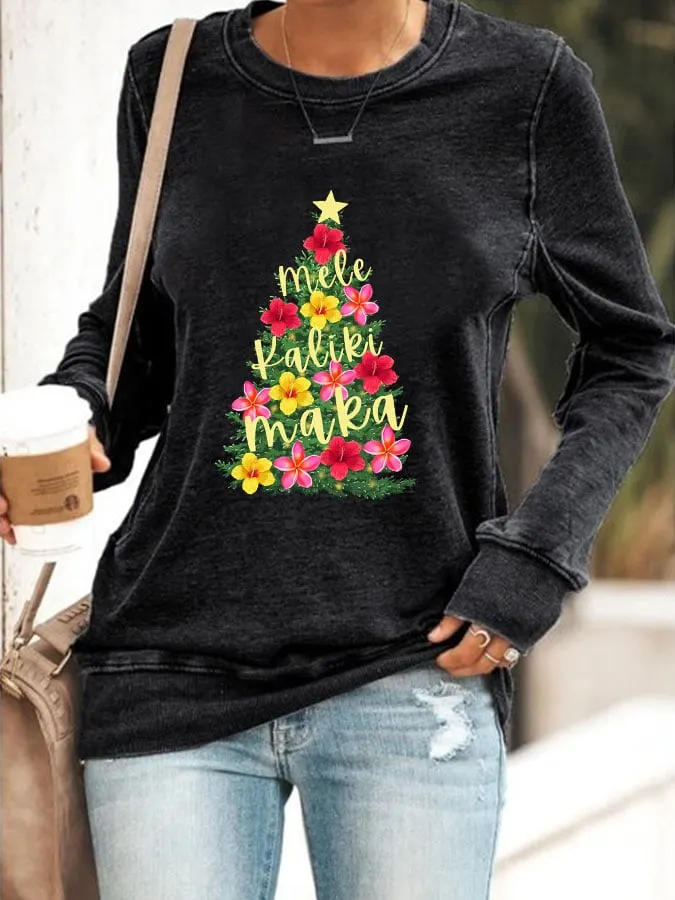 Women's Hawaiian Hibiscus Christmas Tree "Mele Kalikimaka" Print Sweatshirt