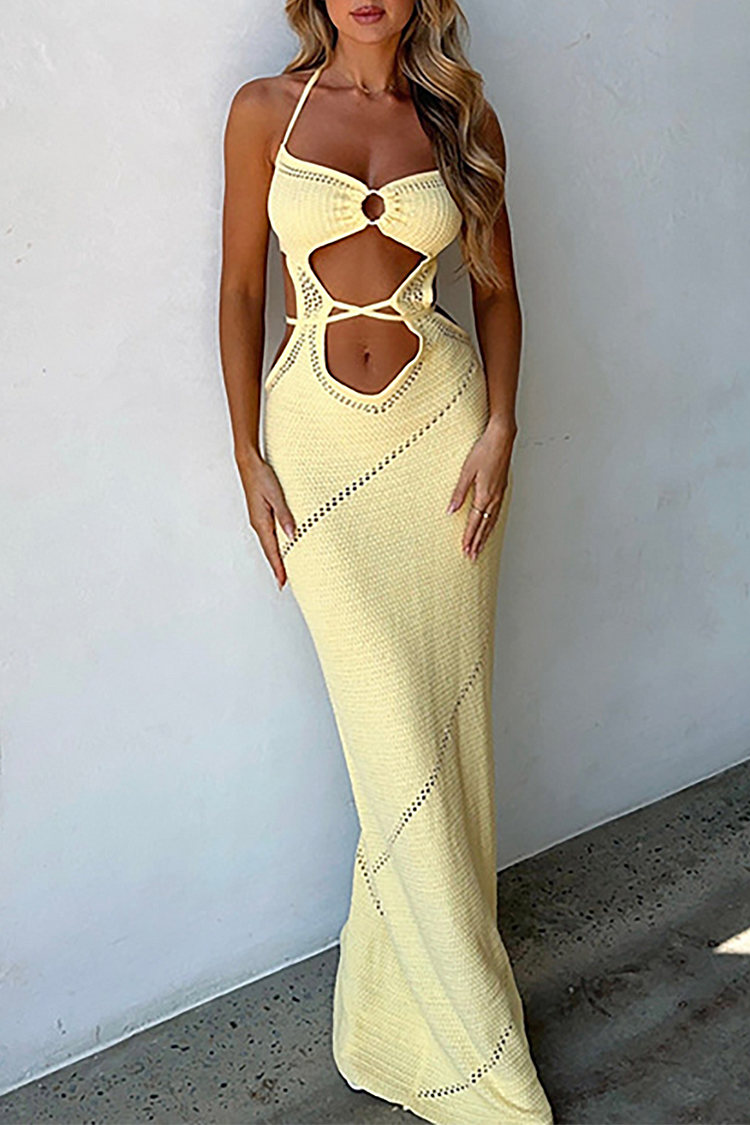 Knit Cutout Halter Backless Slim Fit Vacation Maxi Dresses-Yellow