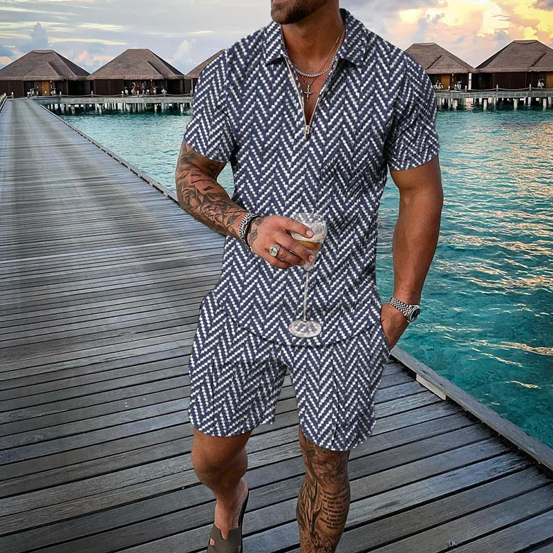 Blue And White Polo Shirt And Shorts Two-Piece Set