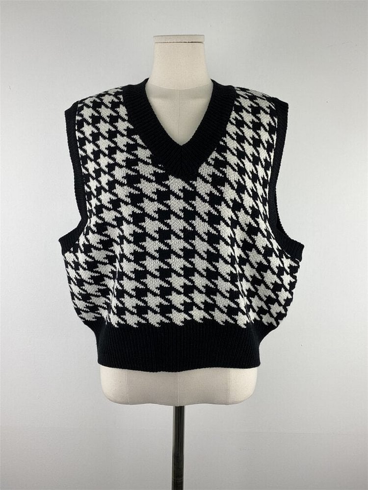 New Women's Knit Vest Fall Winter Retro Casual Loose V-neck Sleeveless For Female Classic Houndstooth Pattern Waistcoat Sweater - BlackFridayBuys
