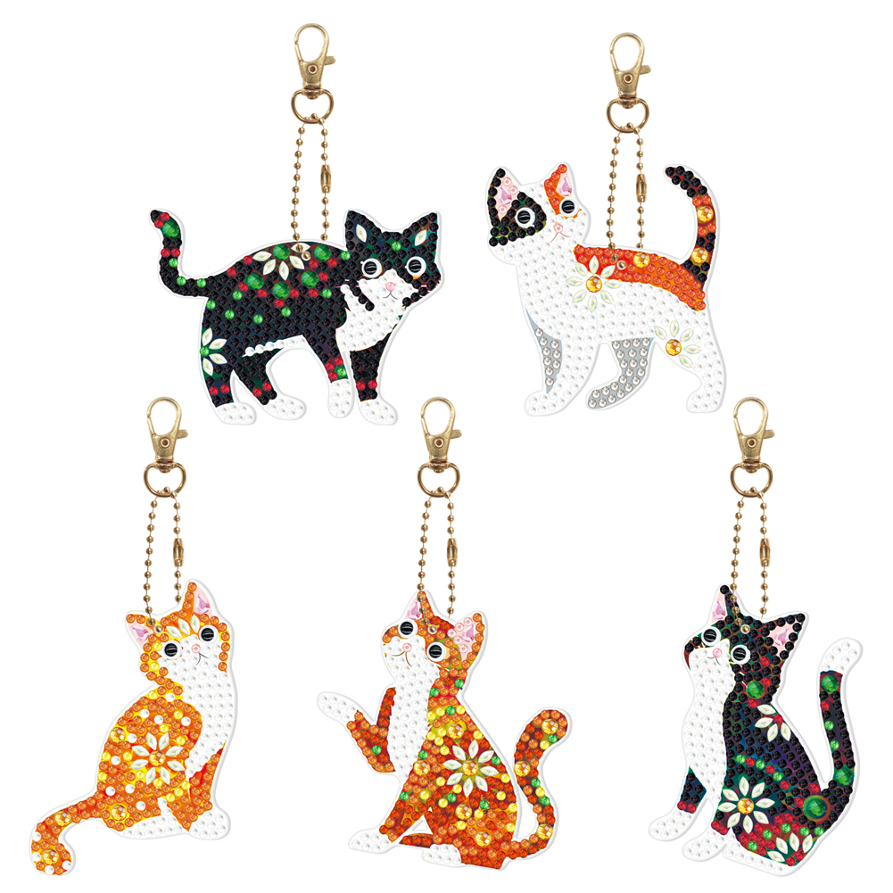 5pcs Diamond Painting Keyring Kits DIY Cat Keychain Bag Pendant (YSK104)