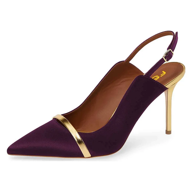 Purple Pointy Toe Gold Strap Stiletto Heel Slingback Pumps |FSJ Shoes