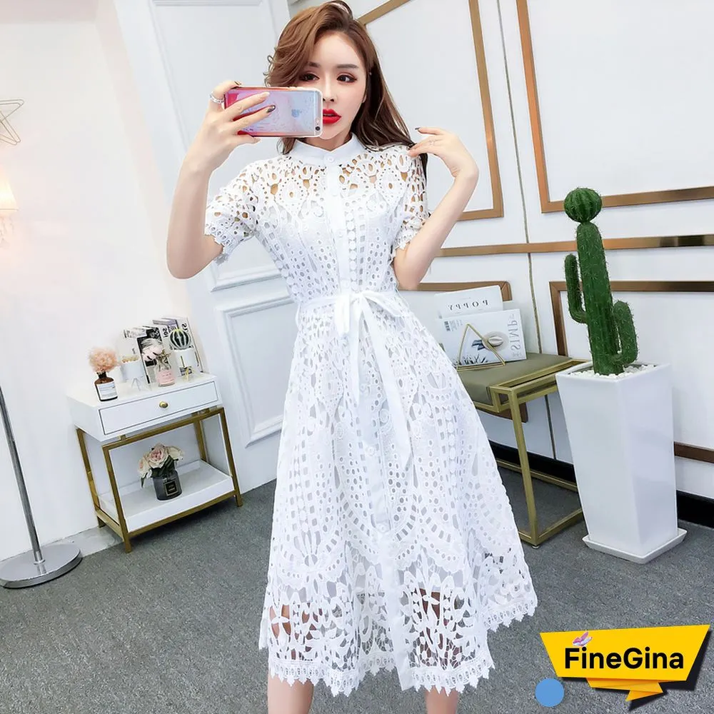 SMTHMA New Spring / Summer Runway Women's Clothings Pleated Stand Collar Short Sleeve Single Breasted Polka Dot Lace Dress