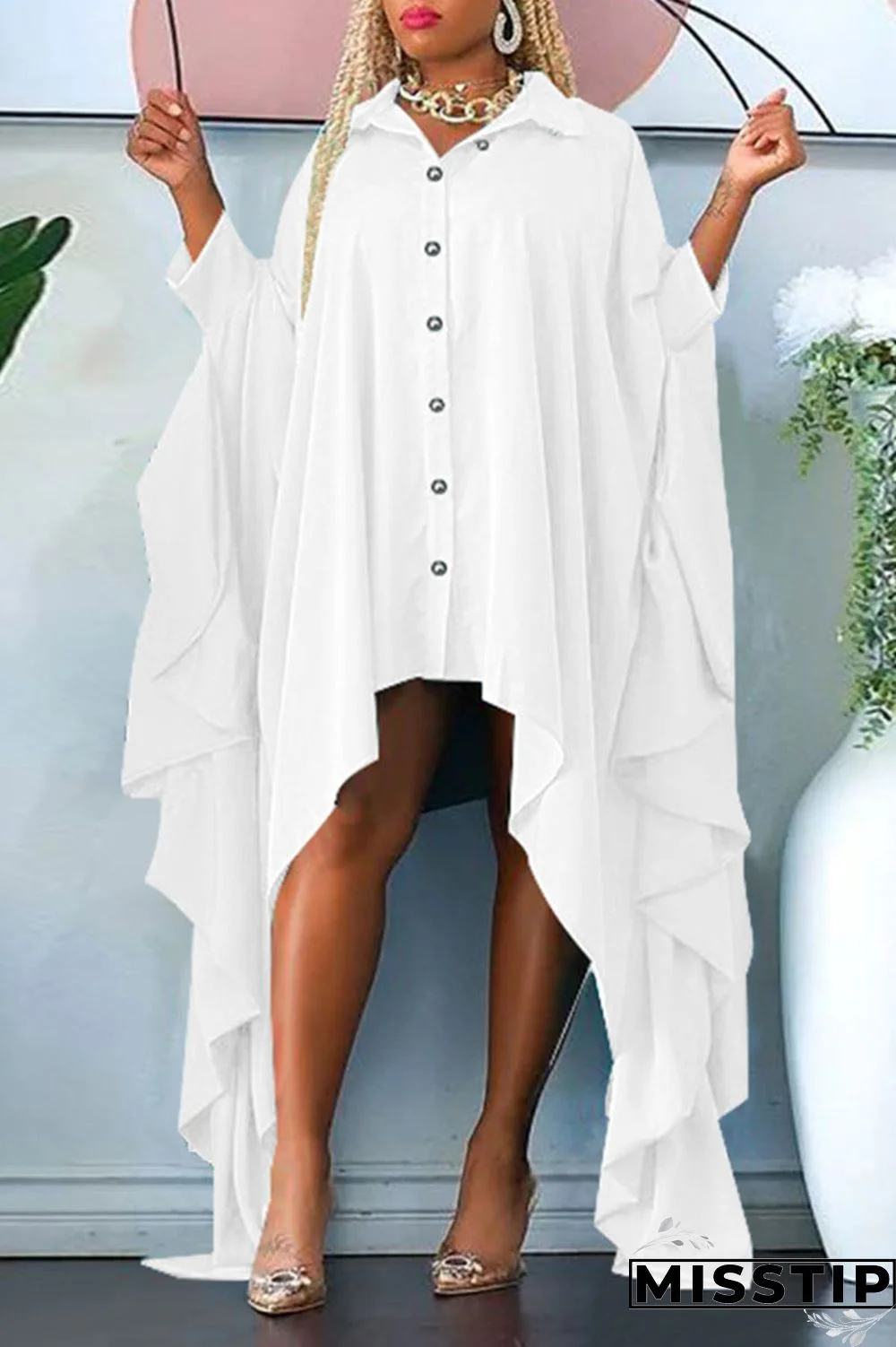 Green Casual Solid Patchwork Buckle Asymmetrical Turndown Collar Irregular Dress Plus Size Dresses