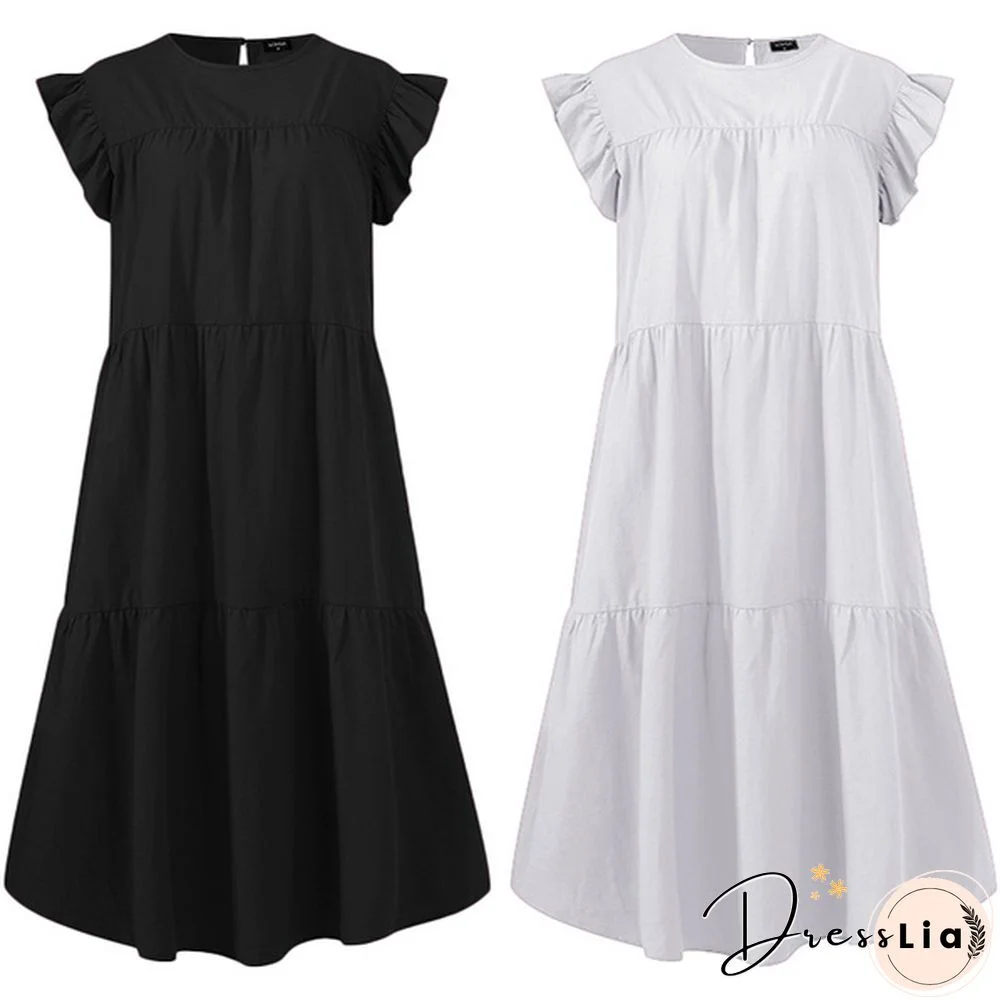 Summer Women Short Sleeves Long Dress Ruffled Pleated Party Casual Baggy Cotton Linen Midi Dresses Plus Size