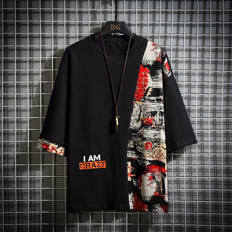 Japanese Style large size short-sleeved men's t-shirt cotton and linen loose three-quarter sleeves summer casual all-match shirt