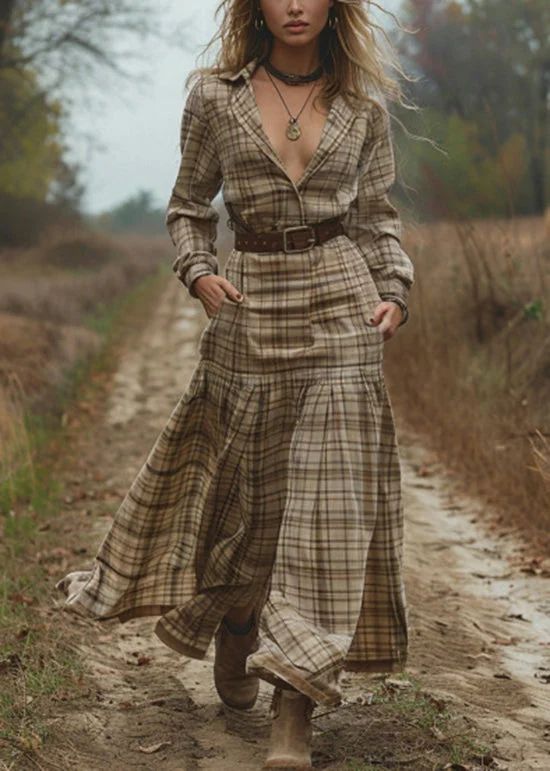 Plus Size V Neck Plaid Patchwork Cotton Maxi Dress Spring
