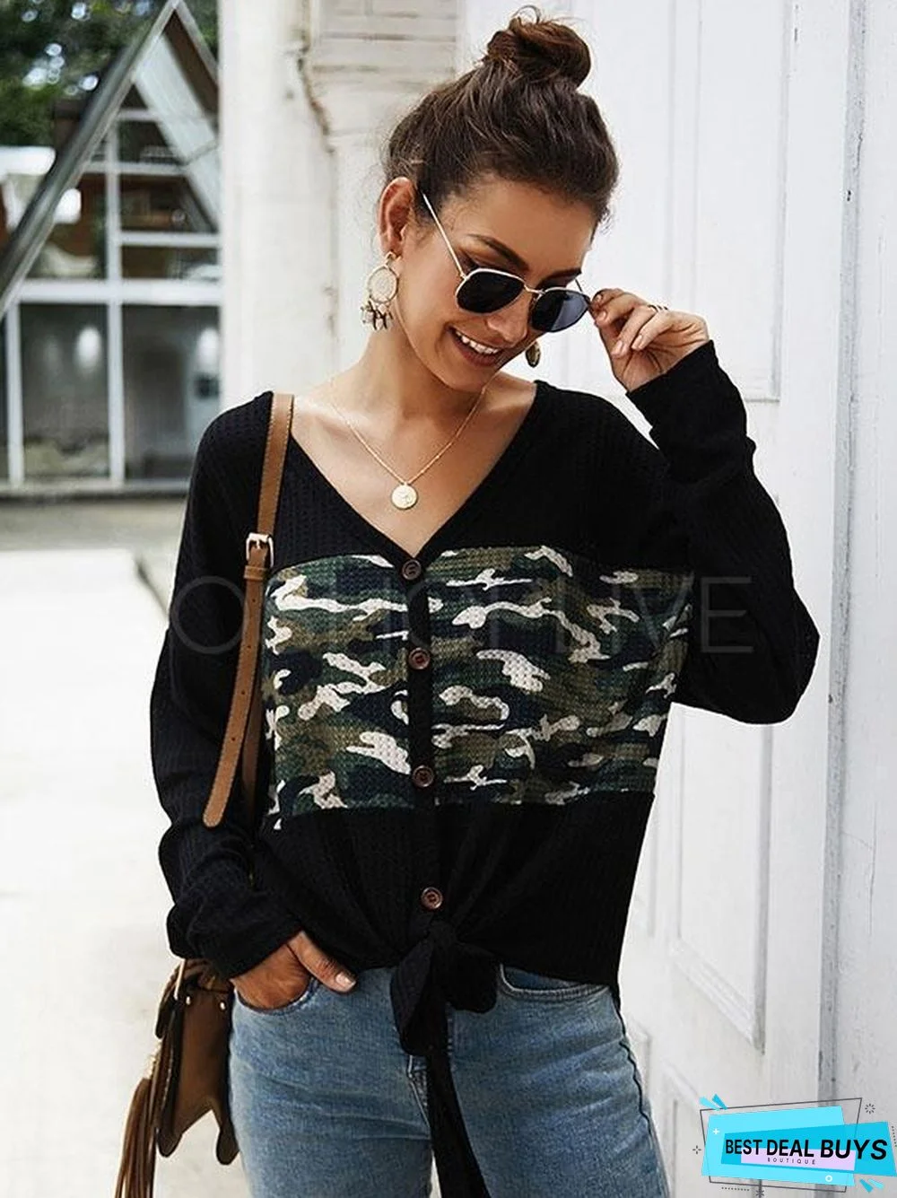 Camouflage Stitching V-Neck Knit Sweater
