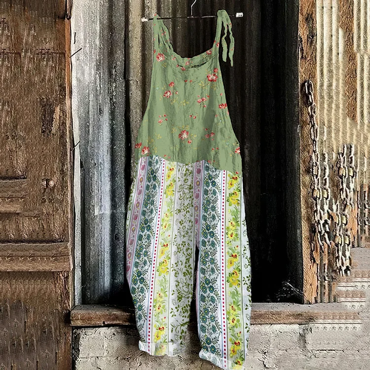 Utbros Women's Bohemian Style Floral Linen Print Cotton Linen Jumpsuit