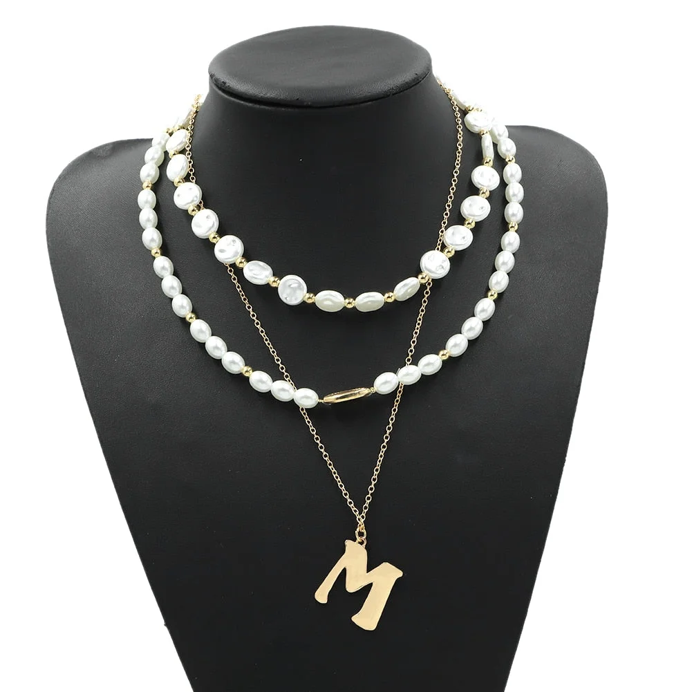 Dvacaman Retro Simple Pearl Letter Pendant Initial Necklace for Women Boho Statement Multi Layered Chunky Chain Necklace Jewelry
