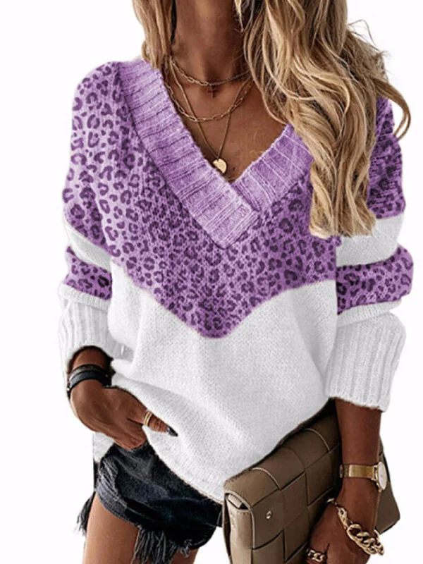 Athvotar Athvotar 2025 New Colored Knitted Shirt Women's Autumn Winter Leopard Tard New V-Necked Sweater
