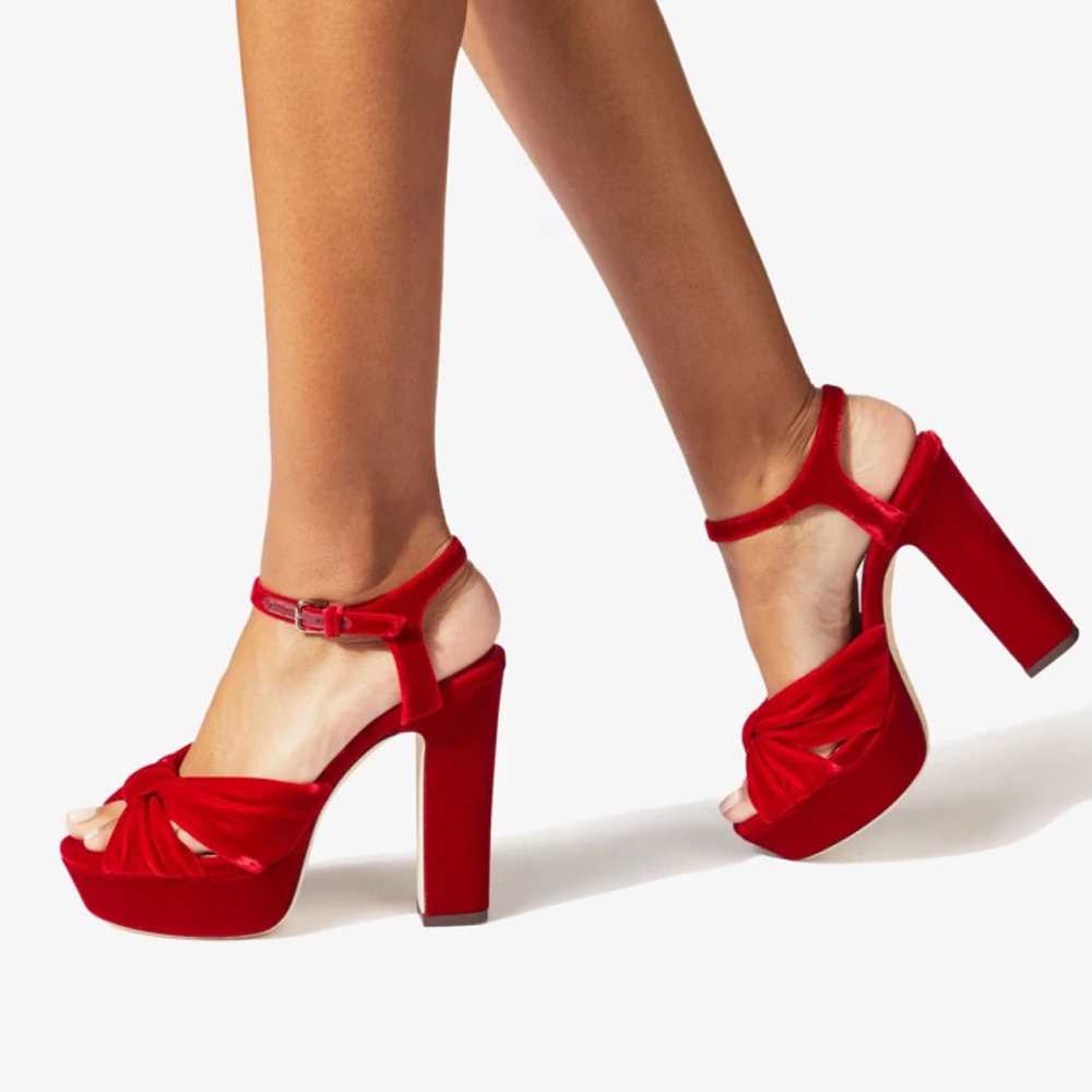 Red Velvet Open Toe Chunky Heel Ankle Strap Sandals with Platform Nicepairs