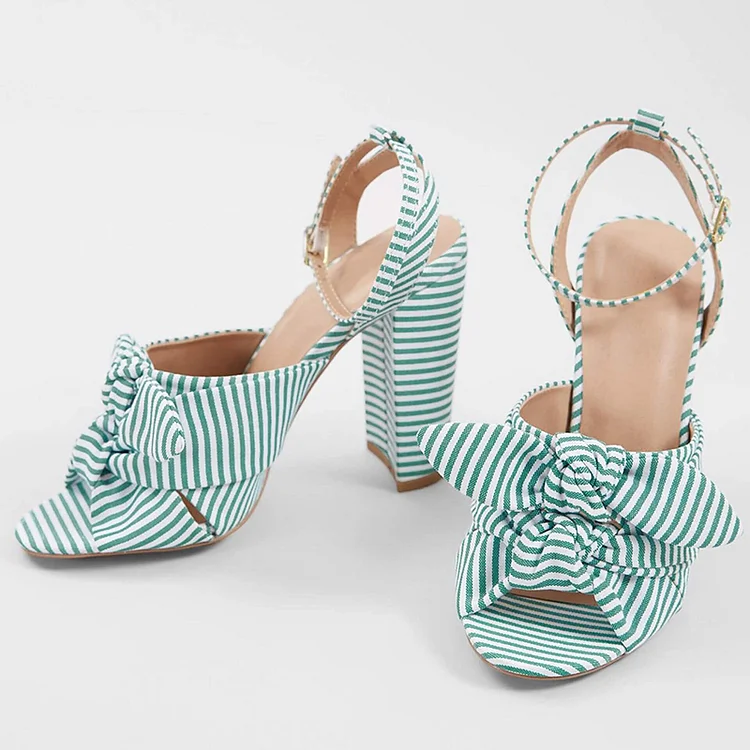Stripe Open Toe Chunky Heels Ankle Strap Shoes Bow Sandals |FSJ Shoes