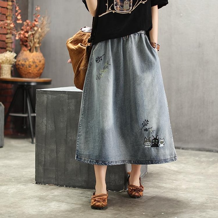 Embroidered Denim Retro Art Ladies Long Skirt