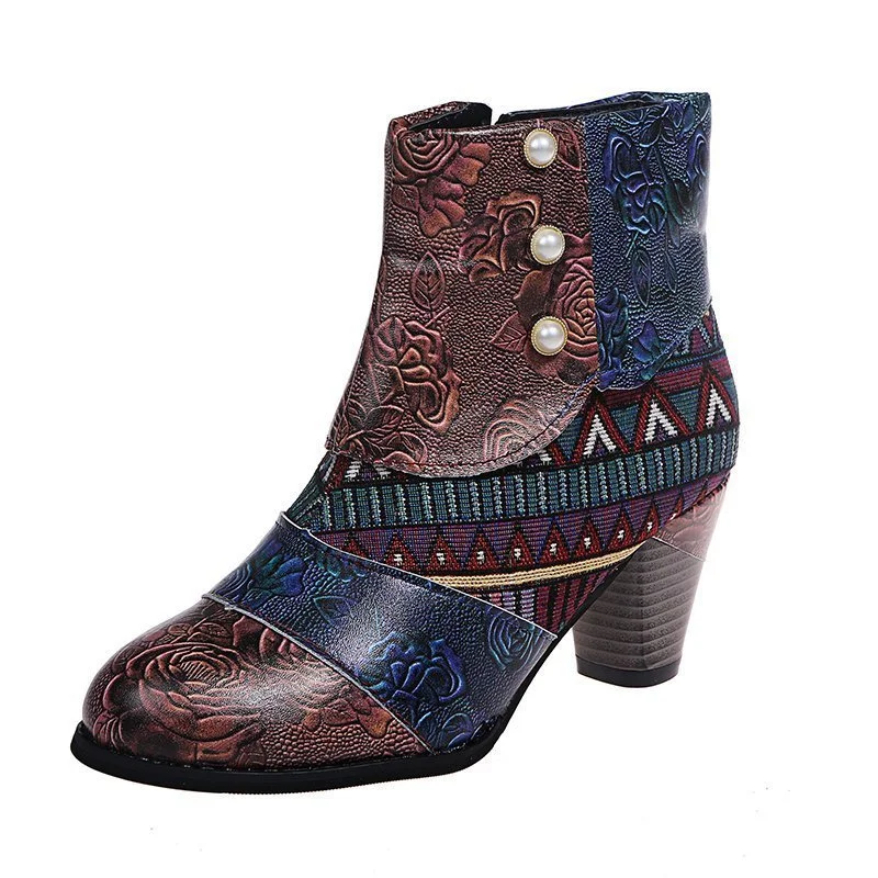 Wongn Wongn Plus Size Bohemian Female Martens Ethnic Style Casual Vintage Stitching High Heel Short Leather Boots