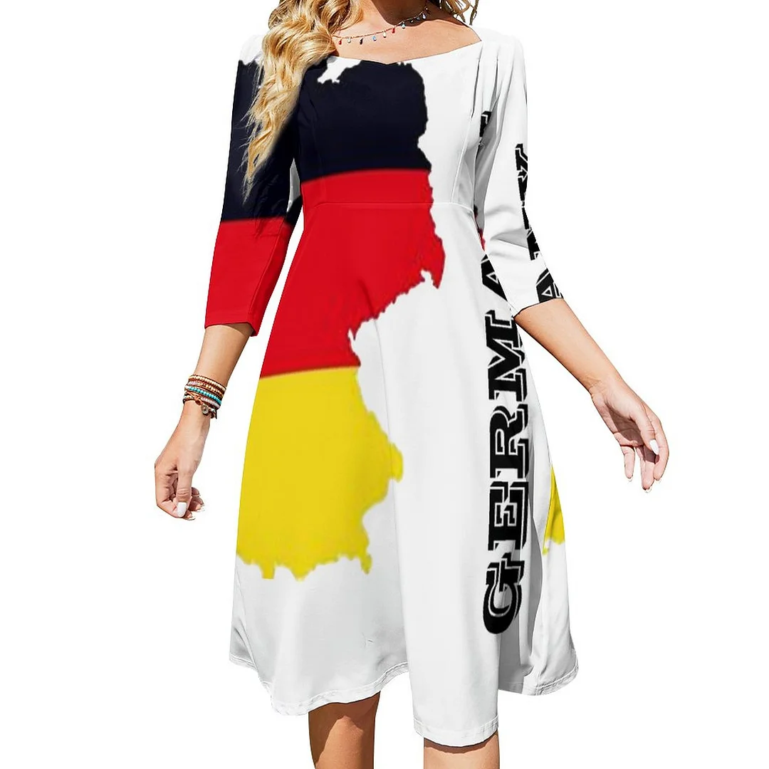 Cool White German Flag Pattern Sexy Hot Design Dress Sweetheart Tie Back Flared 3/4 Sleeve Midi Dresses