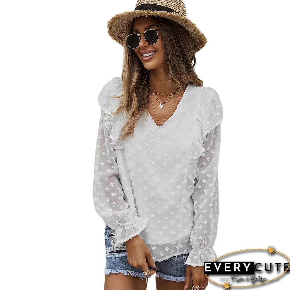 White Ruffle Detail V Neck Blouse