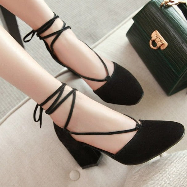 Women's closed toe chunky block heels lace-up pumps ankle tie-up sandals