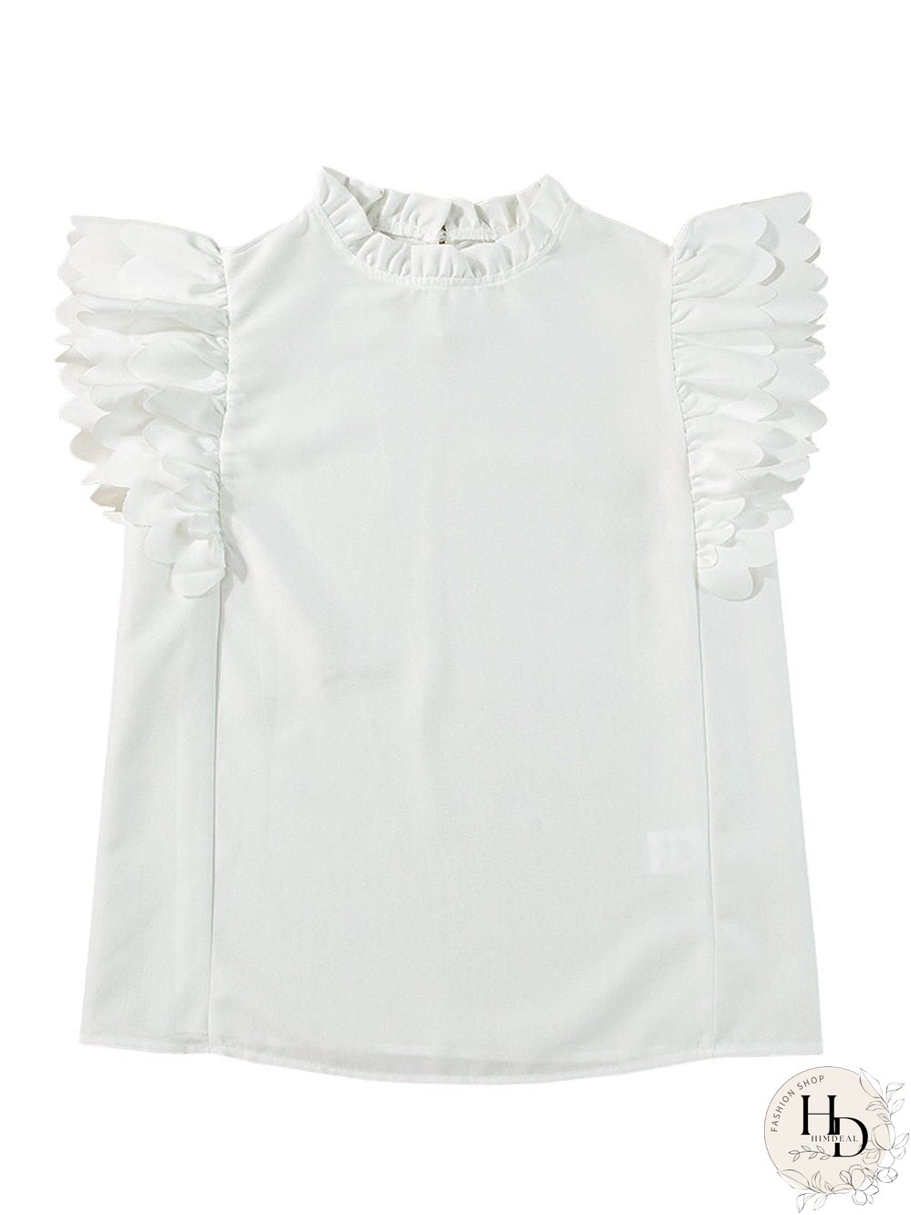 White Mock Neck Blouse with Ruffles