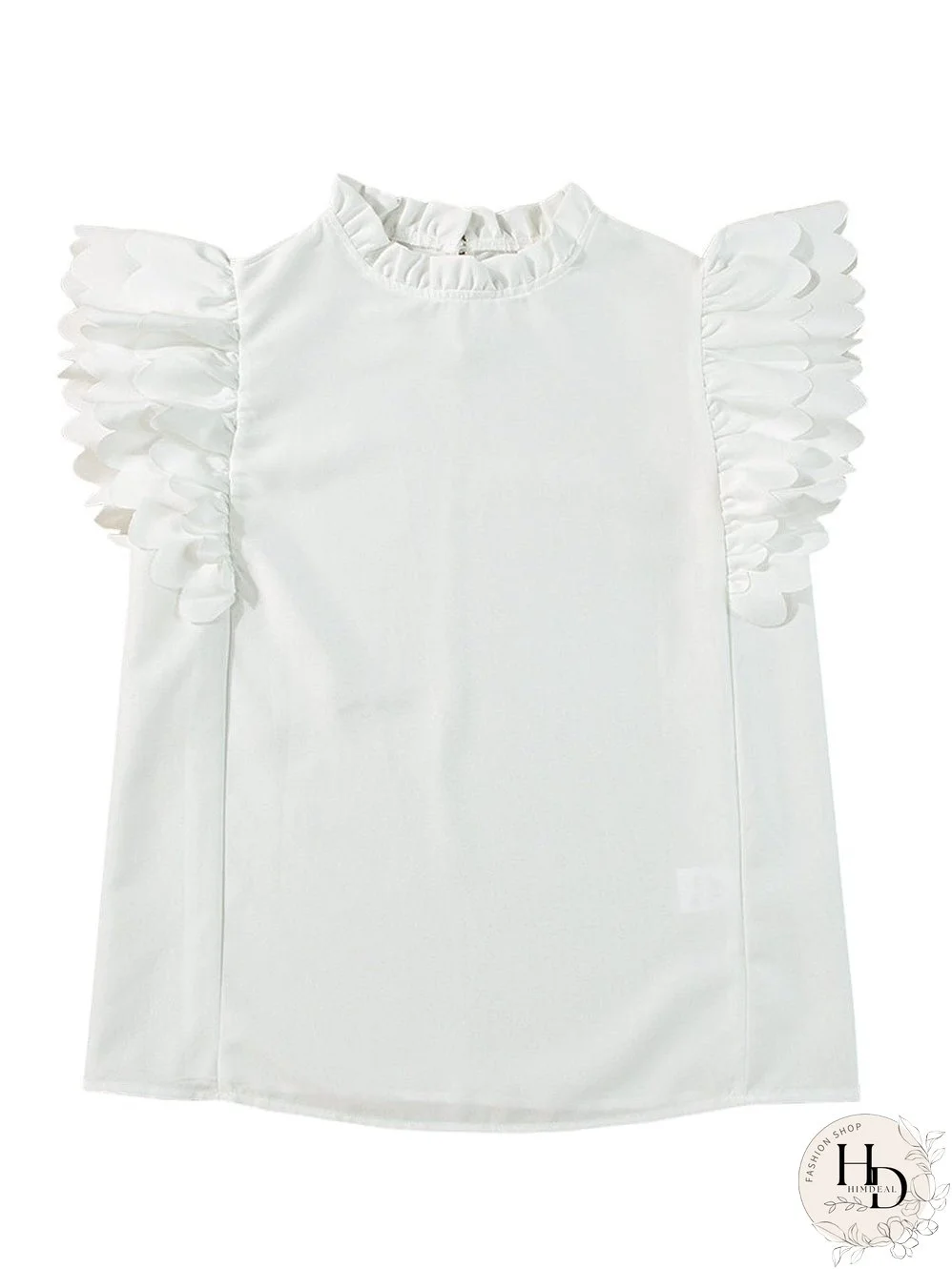 White Mock Neck Blouse with Ruffles