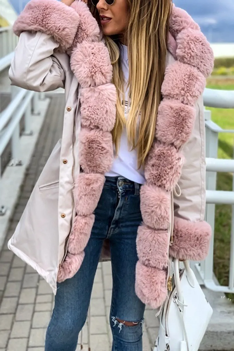 Drawstring Waist Fur Collar Fluffy Hooded Coat